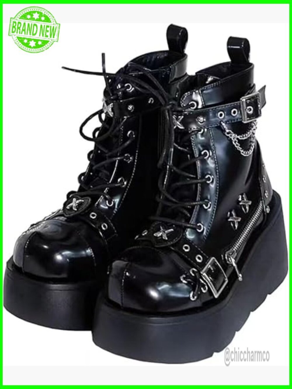 Gothic Chunky Block Heel Platform Ankle Boots with Bat Wing Buckle Punk Combat